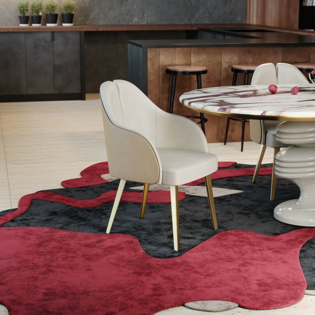 Dining Room With Beige Dining Chair And Red And Black Rug With Organic Shape