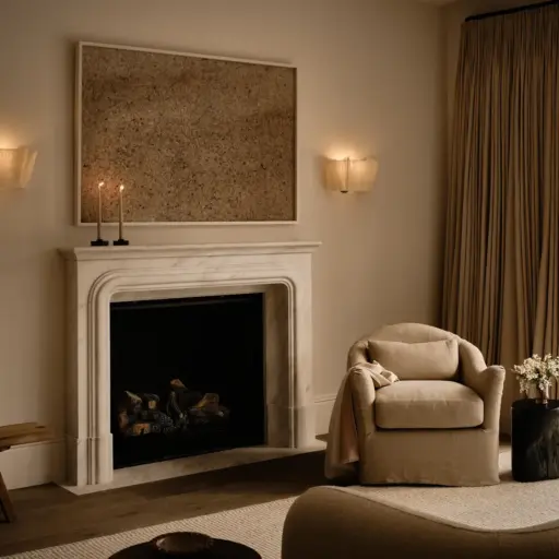 Cozy Corner In A Living Room With Cream Walls And With A Fireplace And With A Cream Armchair And With Brown Curtains