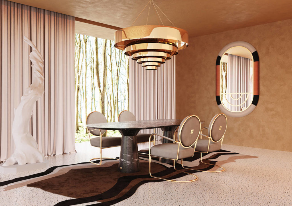 Dining Room With A Shaped Rug In Neutral Tones