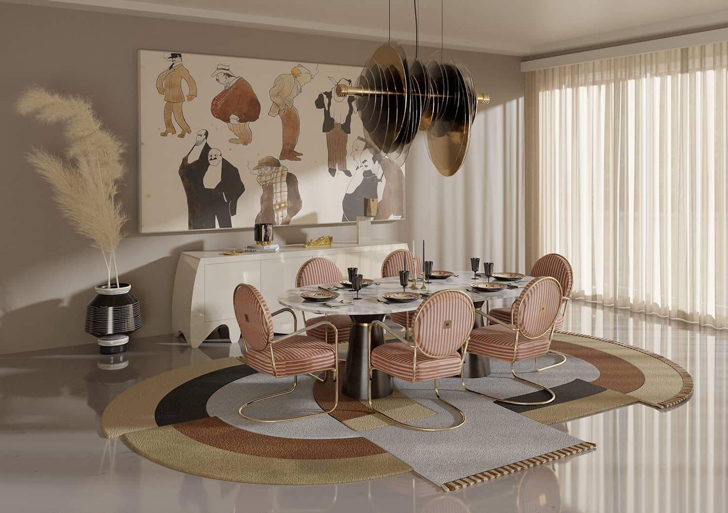 Dining Room With A Stunning Rug, Marble Table And Pink Chairs