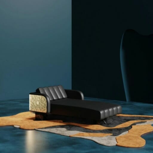 Blue Room With A Orange Rug And A Black Daybed