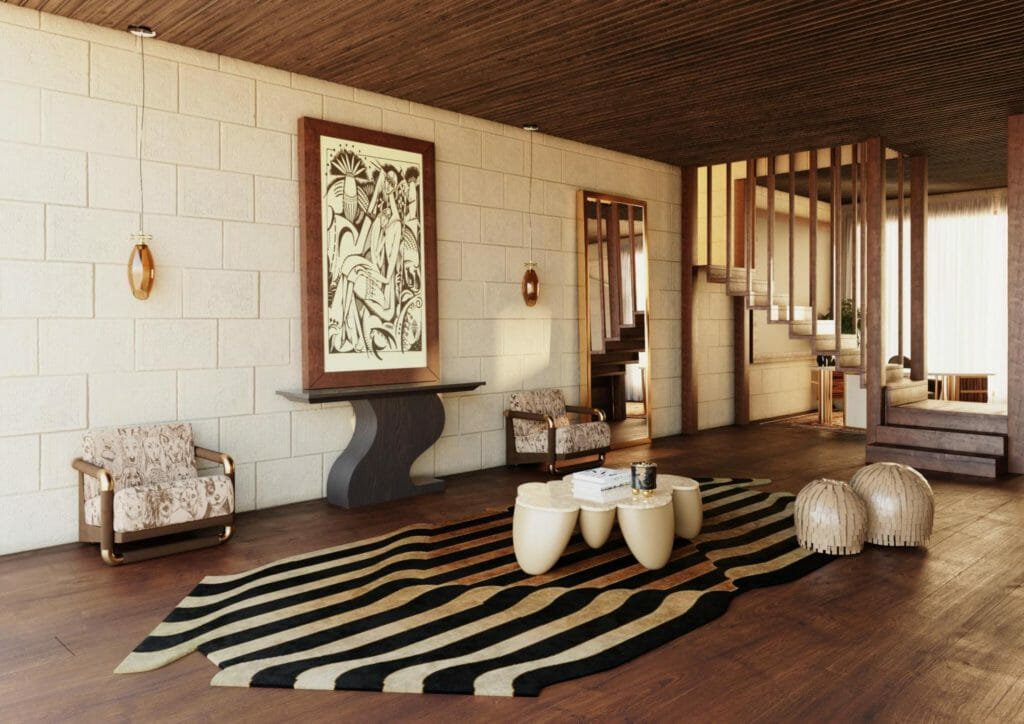 Modern Living Room With Bold Furniture And A Black And White Rug That Shows How To Stage A Rug Like A Pro.