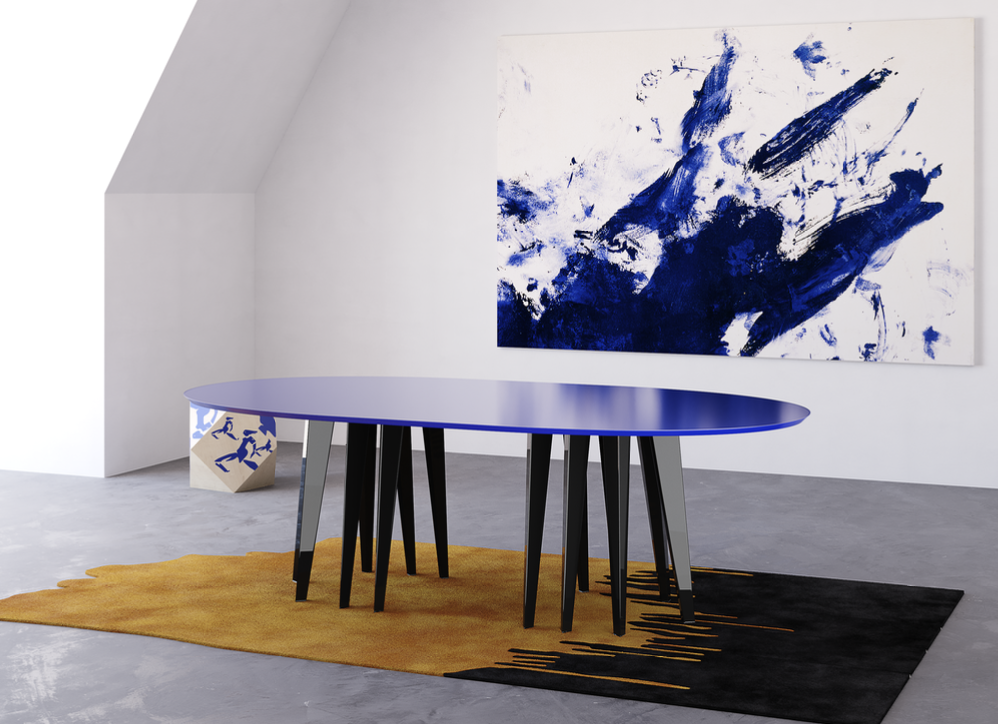 Modern Dining Room With A Yellow And Black Rug Under A Sleek Table, Featuring Abstract Wall Art For A Bold Visual Statement.