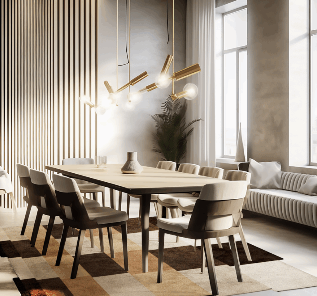 Elegant Dining Room With A Neutral-Toned Rug Under A Modern Rectangular Table, Accented By Sculptural Lighting And Vertical Wood Paneling.