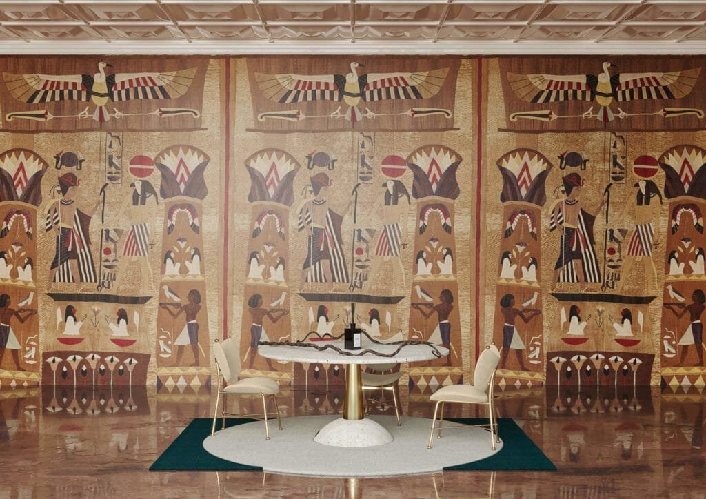 Egyptian-Inspired Dining Room With A White Oval Table And A Rugs Under The Dining Table
