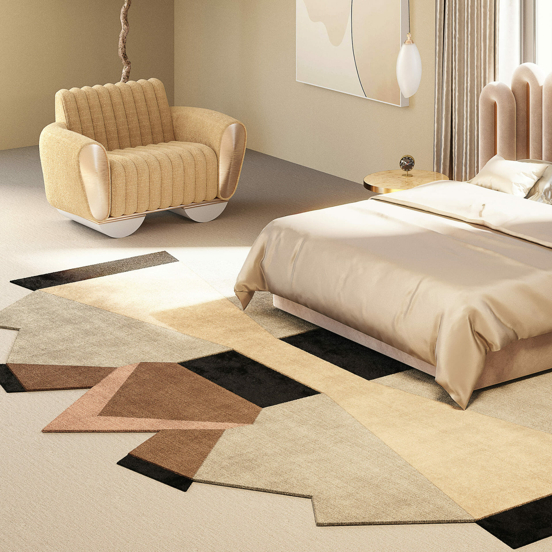 Neutral Bedroom With Armchair And Big Geometric Rug