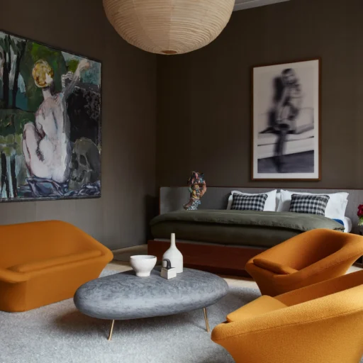 A Living Room Fo A Home Interior Design With Yellow Couch