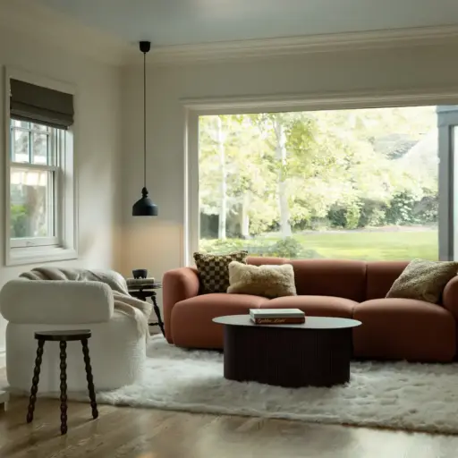 A Bright Family Home Living Room With A Terracotta Sofa, Plush Rug, And Large Windows Overlooking A Green Yard, Creating A Cozy And Inviting Space.