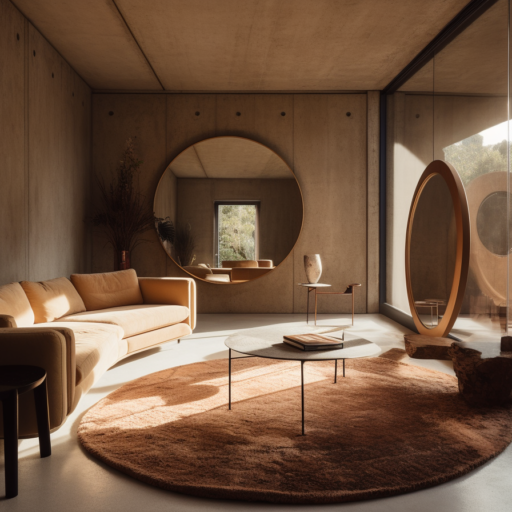 Fall Trends Rugs On A Living Room With Plastered Walls And With Concrete Floors And With A Large Leather Sofa And With A Large Window And With A Round Brown Rug