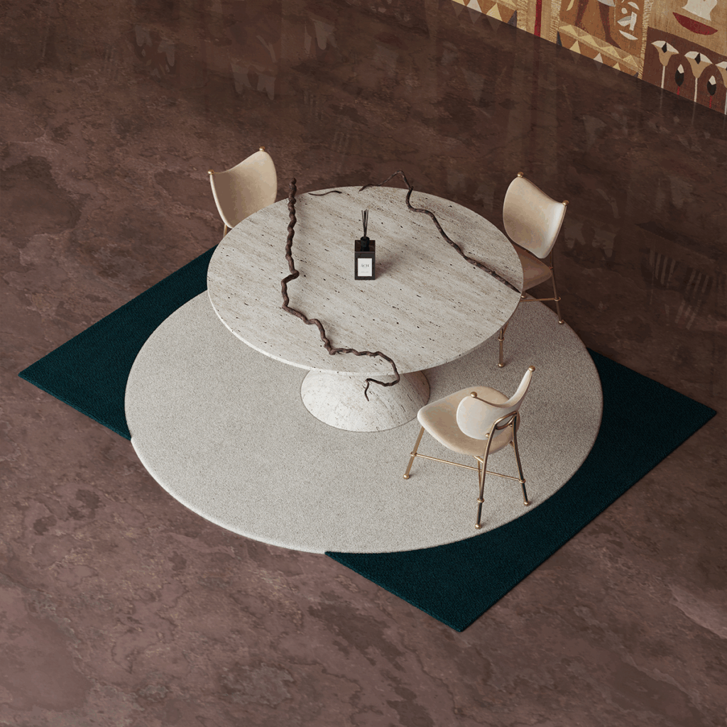 Modern Dining Room With Round Marble Table, Cream Chairs, And Layered Two-Tone Circular Rug In Beige And Dark Green.