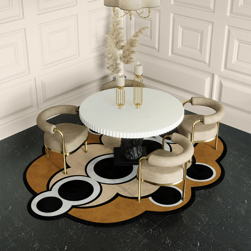 Contemporary Dining Room With Round White Table, Velvet Chairs, And Modern Circular-Patterned Rug In Black, Beige, And Brown Tones.