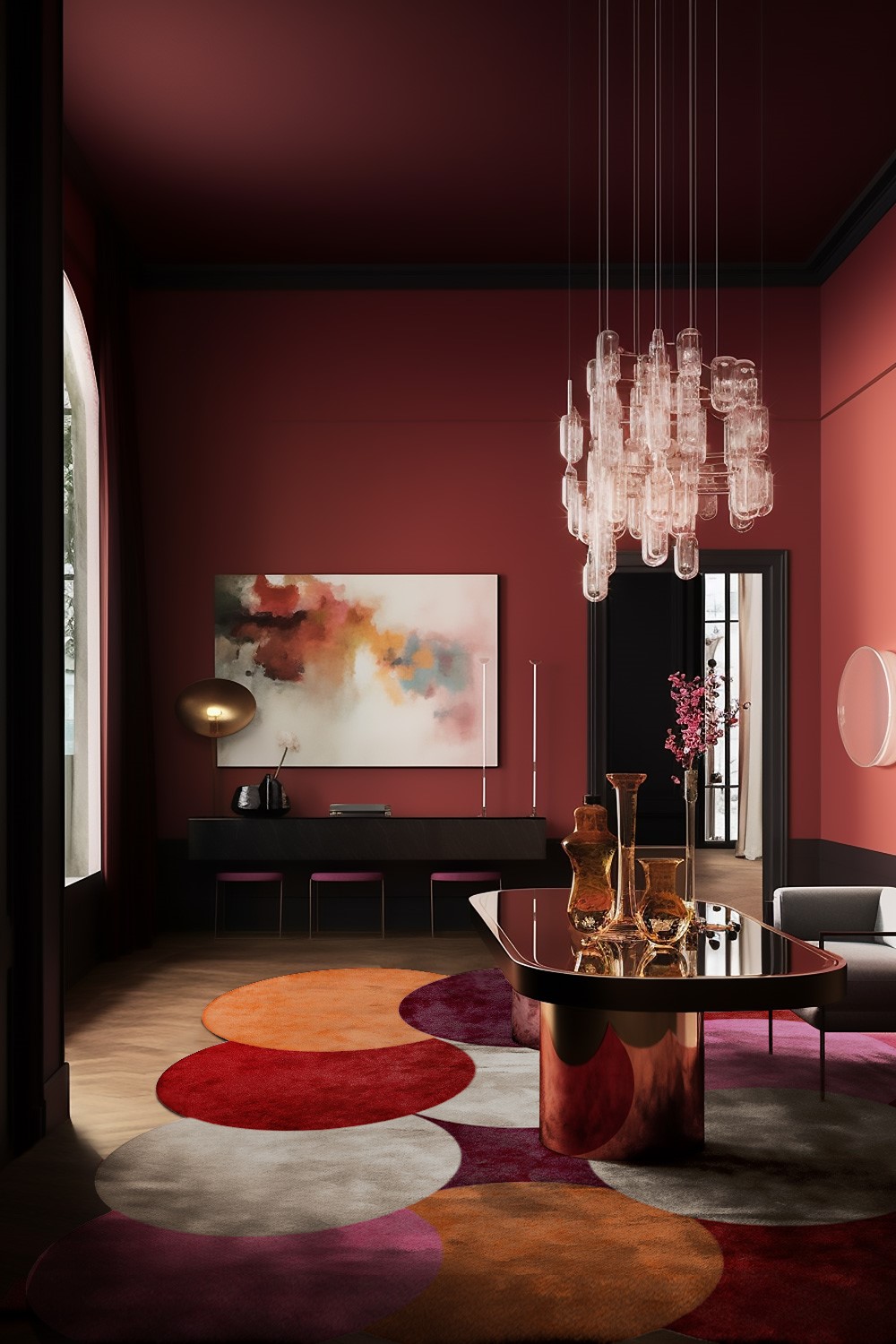 Dopamine Decor, Magenta Unique Shaped Rug, Saturated Colors, Luxury Interior Design