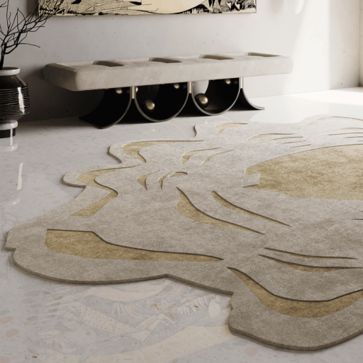The Image Showcases A Modern, Minimalist Interior Featuring A Unique, Abstract-Shaped Area Rug With A Combination Of Beige And Muted Gold Hues.