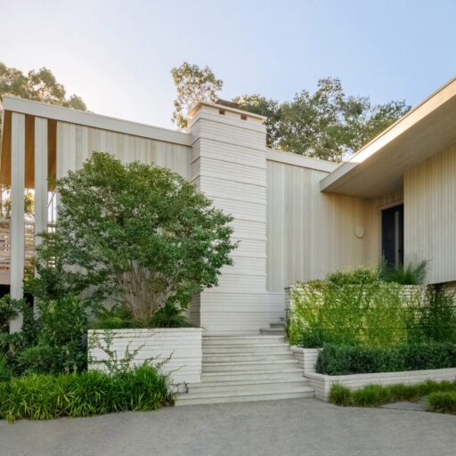 Custom Rugs Bring Personality And Balance To A Modernist Silicon Valley Home. Modern-Style House Nestled In Lush Greenery, Surrounded By Trees And Natural Landscape