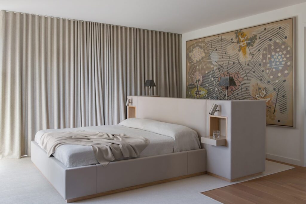 Custom Rug Designed For The Master Bedroom, Featuring A Neutral Color Palette And A Specific Shape Tailored Precisely To The Room’s Size And Layout.