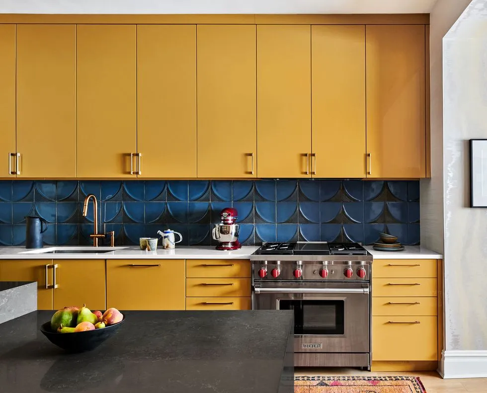 Yellow Kitchen With Custom Cabinets And Blue Wallpaper